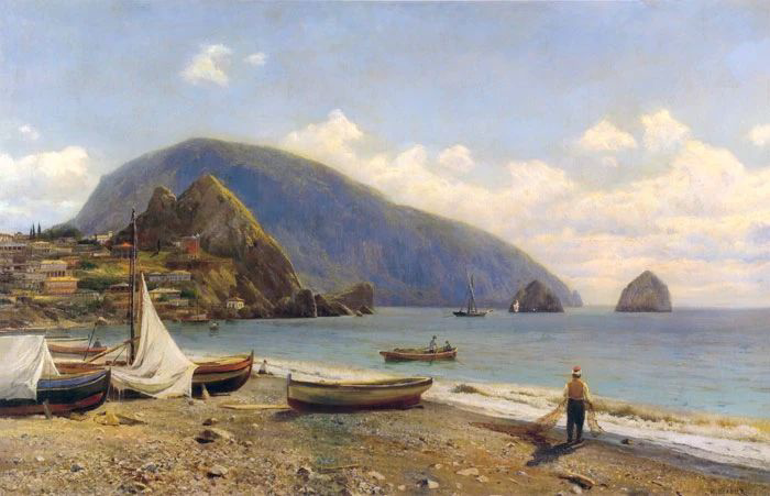 Фотообои и фрески на стену - пейзаж, море, горы, берег, лодки