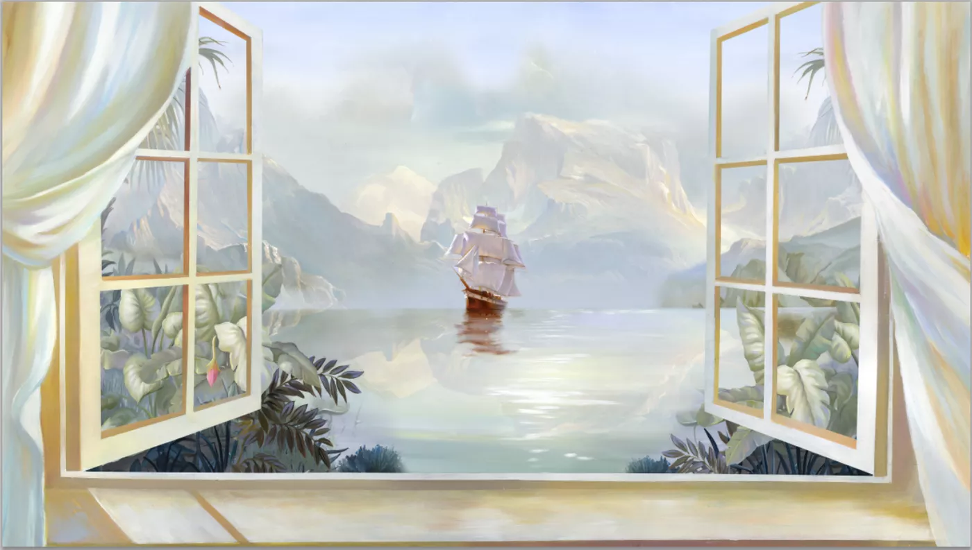 Фотообои и фрески на стену - корабль, море, белые, водоем, пальмы