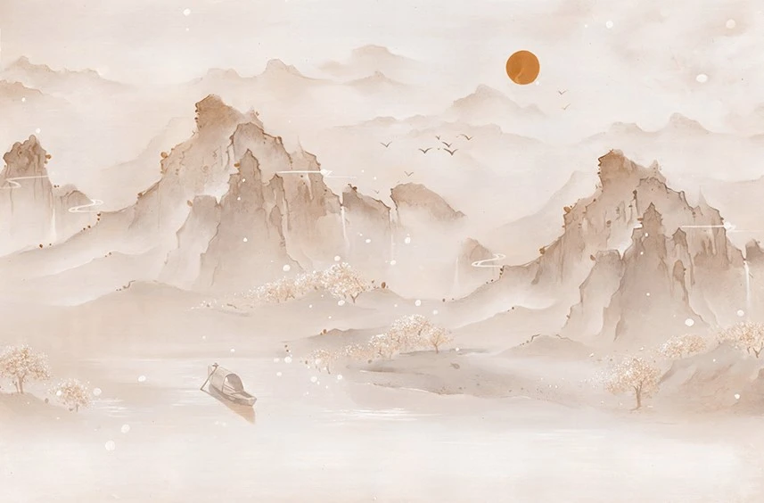 Фотообои и фрески на стену - солнце, облака, туман, птицы, деревья, нежность, горы, лодка