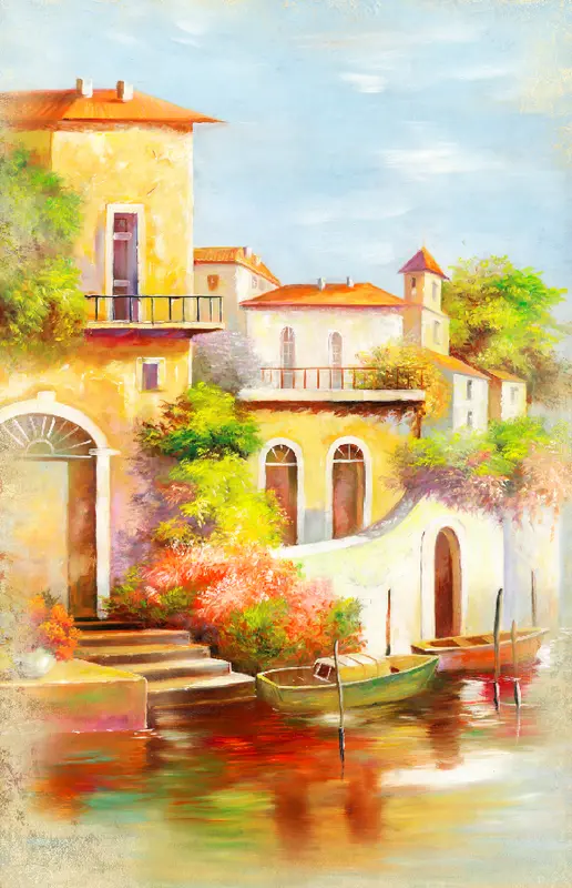 Фотообои и фрески на стену - лодка, канал, лестница, облака, цветы, дом, камень, город, вода, деревья, окно, небо, живопись, река, венеция
