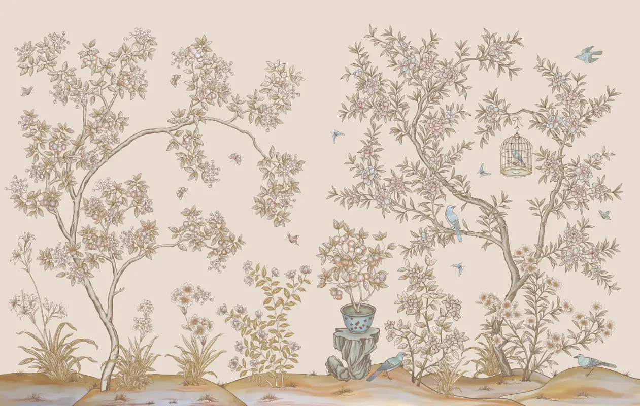 Фотообои и фрески на стену - бабочки, лепестки, растения, листья, птицы, шинуазри, цветы, деревья, природа