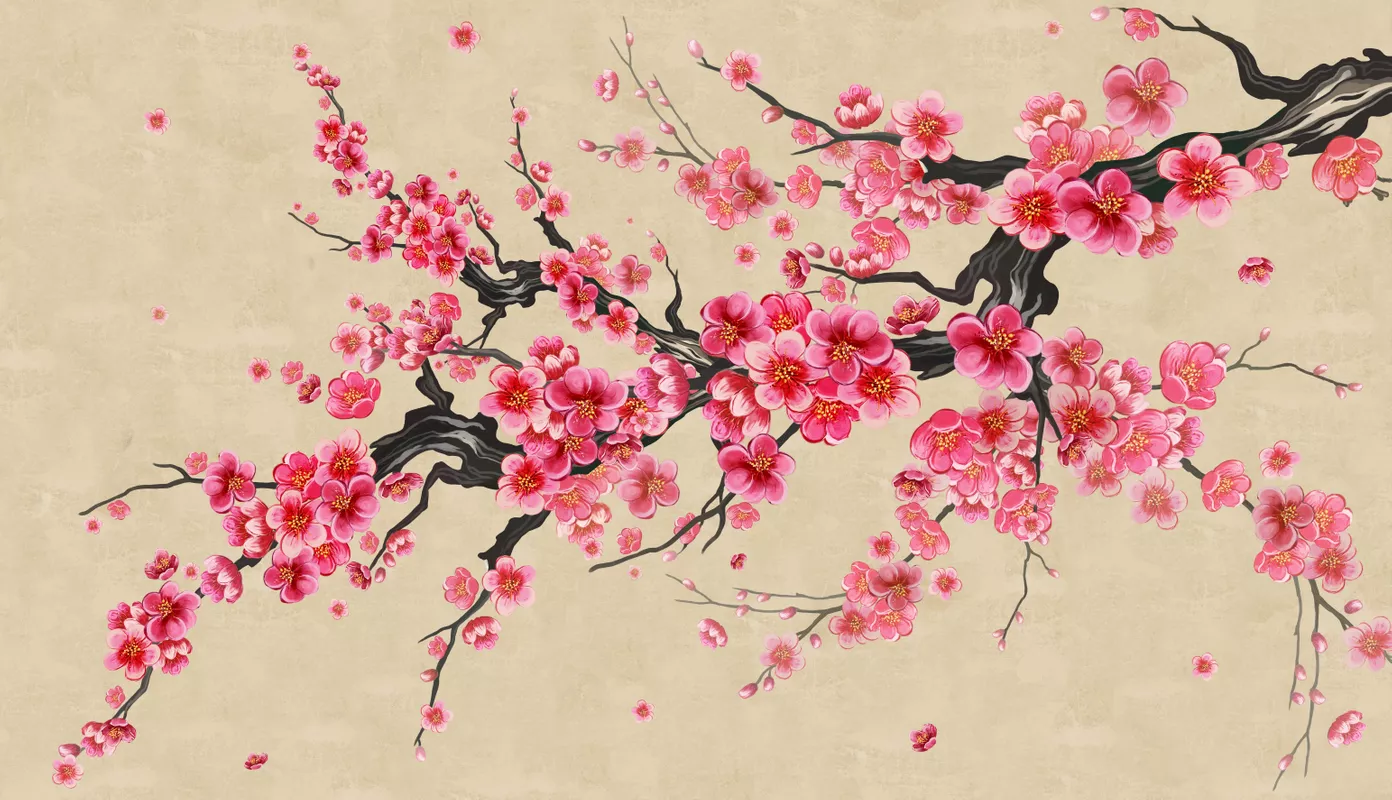 Фотообои и фрески на стену - сакура, дерево, бежевые, красные, розовые