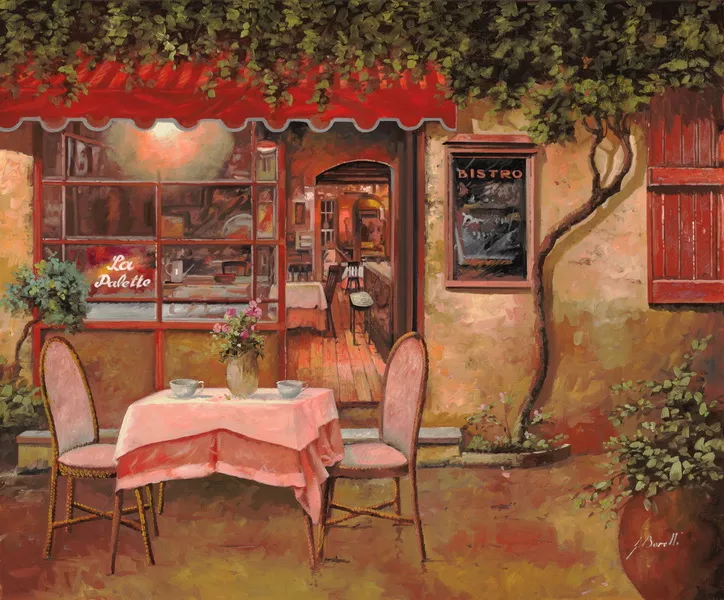 Фотообои и фрески на стену - зеленые, улица, улочка, розовые, столик, витрина, деревья, кафе, цветы, красные, окна, дом