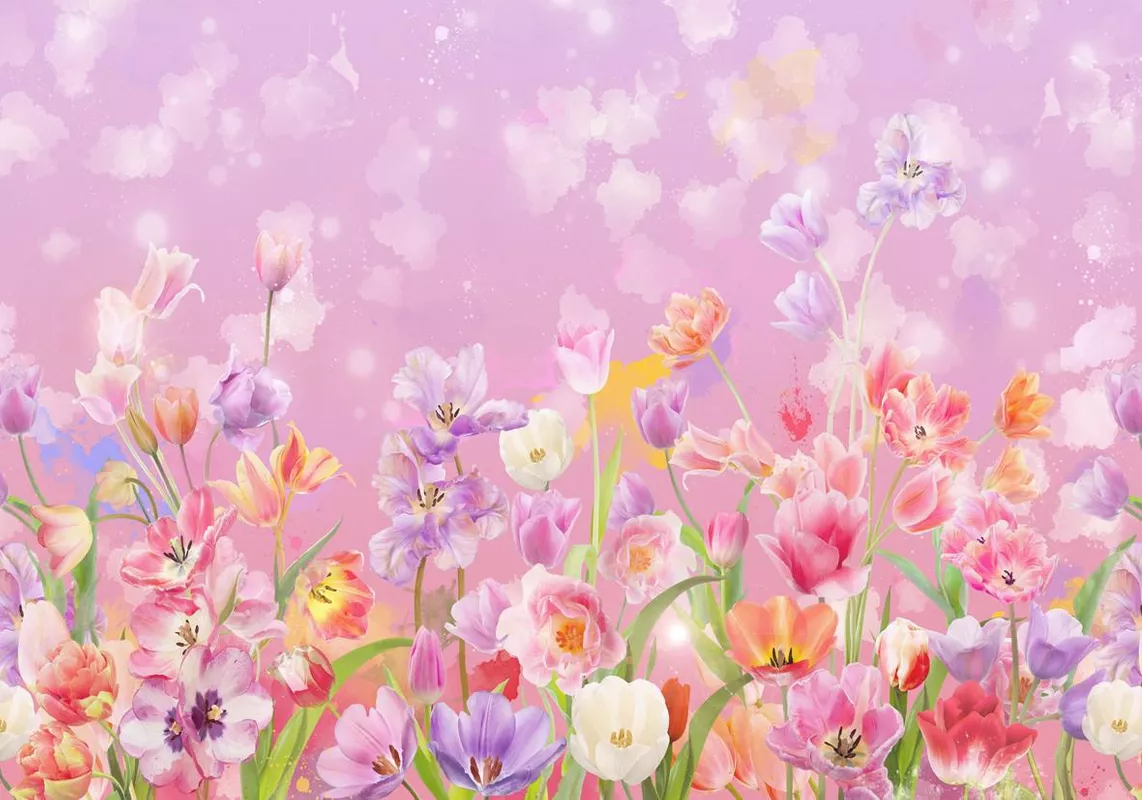 Фотообои и фрески на стену - цветочная поляна, сиреневые, фиолетовые, цветы, луг