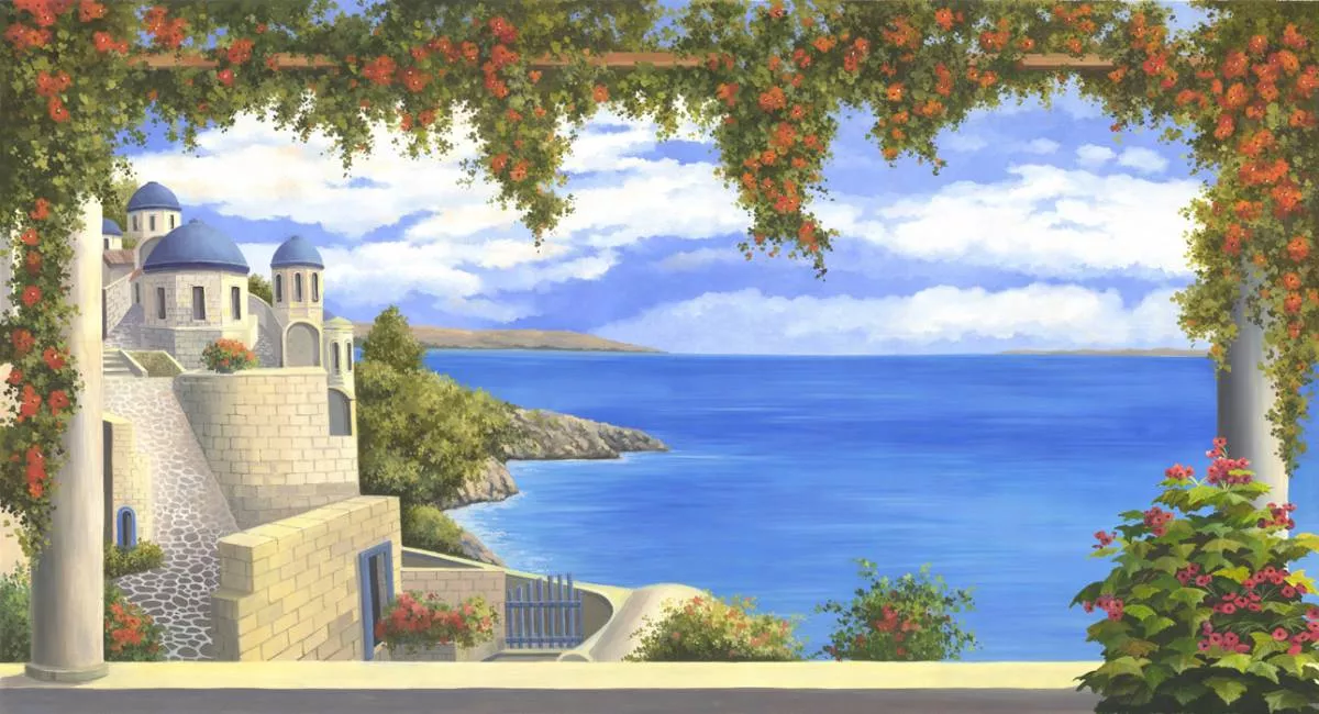 Фотообои и фрески на стену - пейзаж, вид на море, крепость, синее море, берег моря