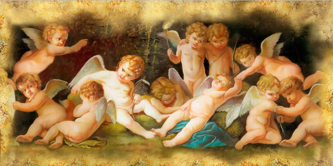 Фотообои и фрески на стену - ткань, стрелы, трещины, крылья, дети, мальчик, девочка, ангелы, античность