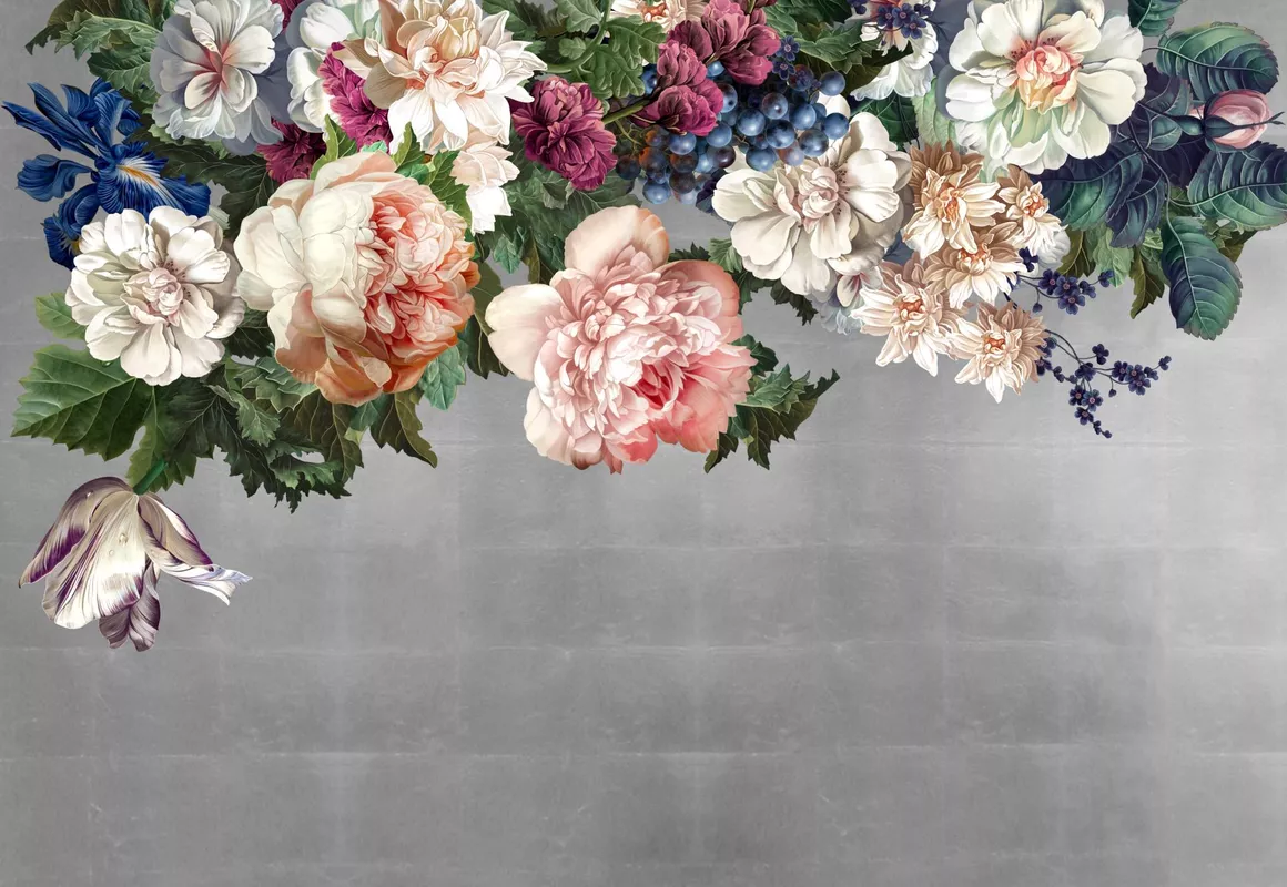 Фотообои и фрески на стену - серебро, цветы, листья, пионы, серые, белые цветы, розовые цветы
