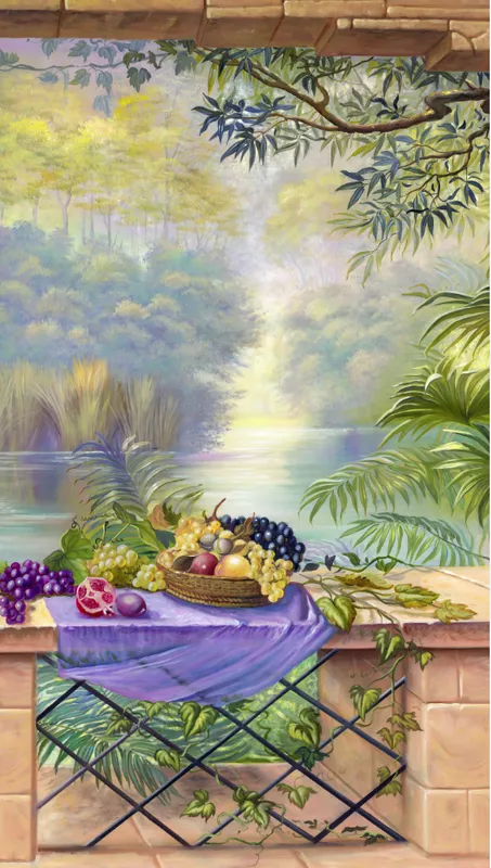 Фотообои и фрески на стену - пейзаж, с фруктами, зеленые, фрукты, салатовые, натюрморт, вид из окна, листья, лес, ветви, с виноградом, природа, водоем, пруд, озеро, деревья, на кухню, растения, с фруктами на кухню