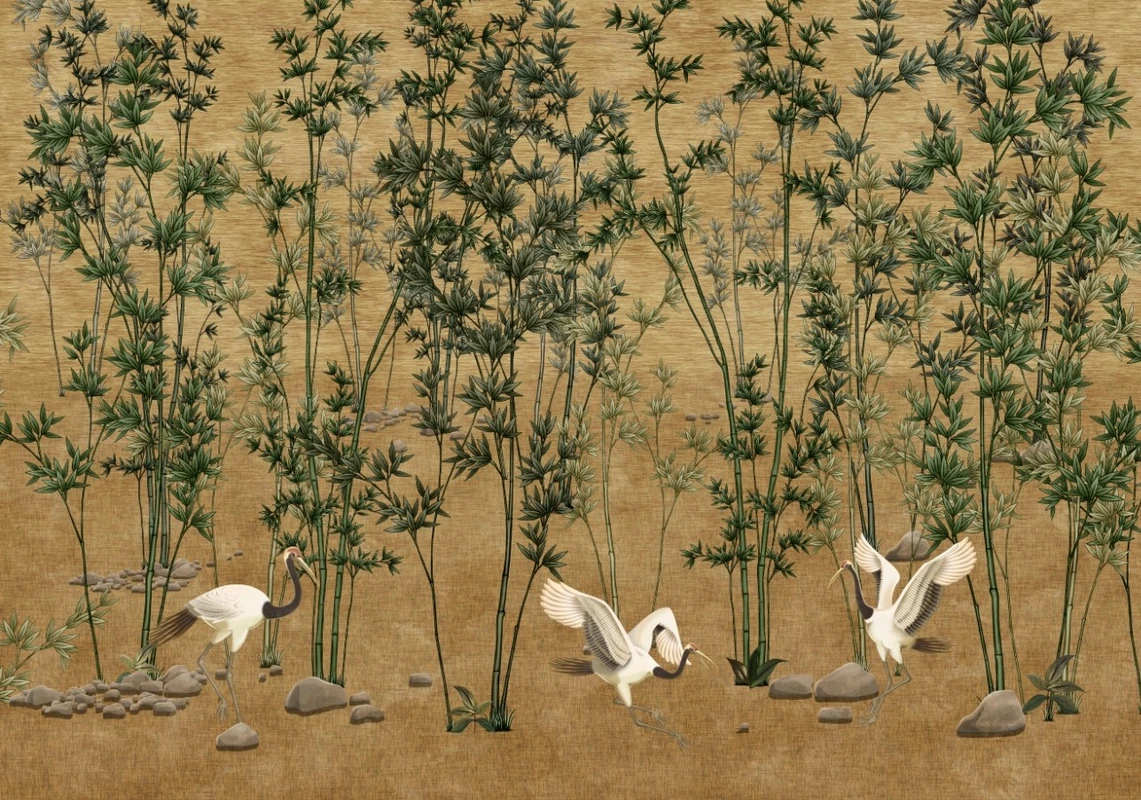 Фотообои и фрески на стену - бамбук, журавли, птицы, камни, природа, растения
