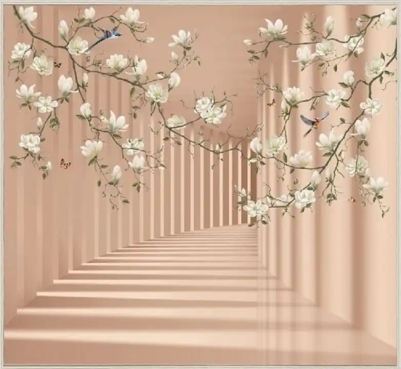 Фотообои на стену - коридор, квадратные, персиковые, магнолии, персикового цвета 