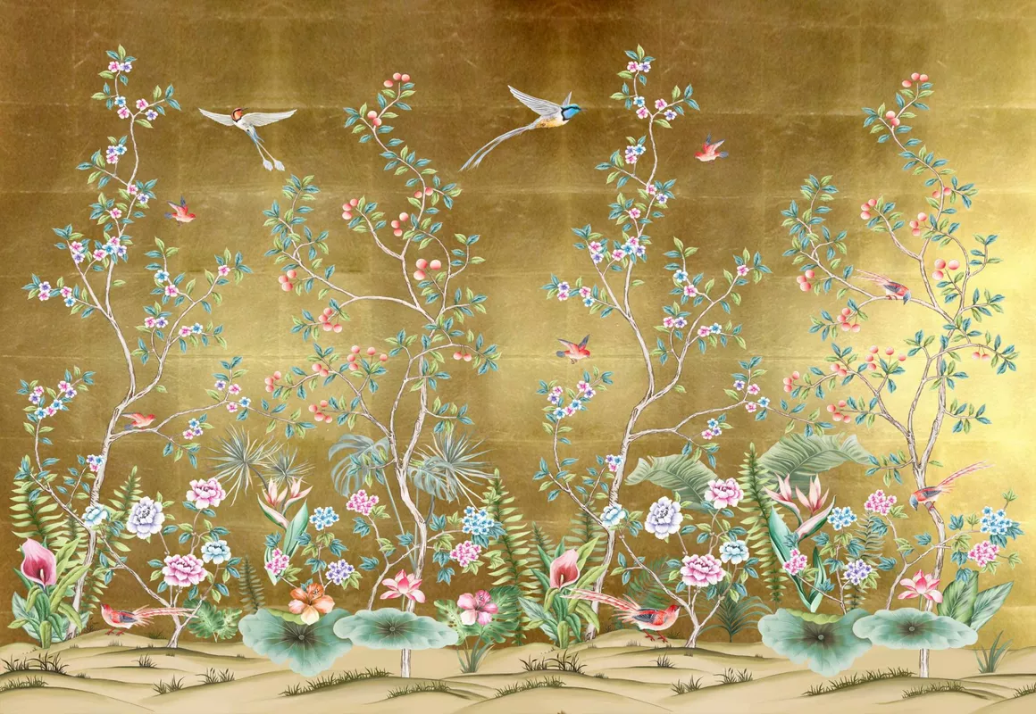 Фотообои и фрески на стену - сад, небо, дерево, расширяющие пространство, птички