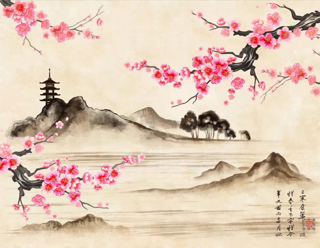 Фотообои и фрески на стену - китайские, сакура, восток, розовые, китай