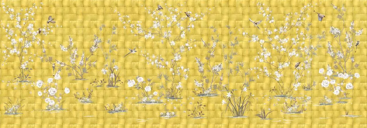 Фотообои и фрески на стену - шинуазри, желтые, белые, цветы, сады шинуазри