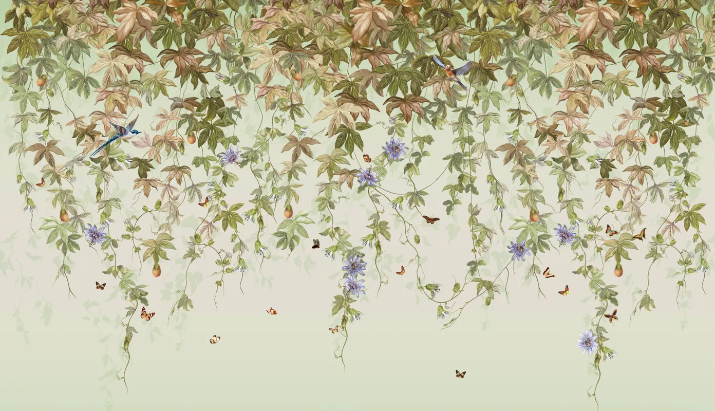 Фотообои и фрески на стену - пассифлора, птицы, лианы, цветы, листья