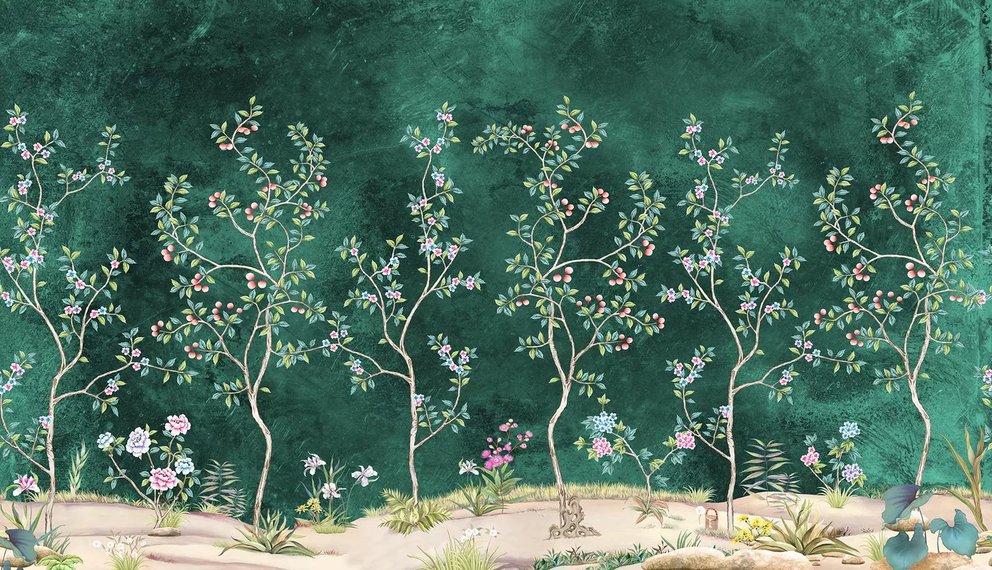 Фотообои и фрески на стену - изумруд, зеленые, вишня, дерево, розы