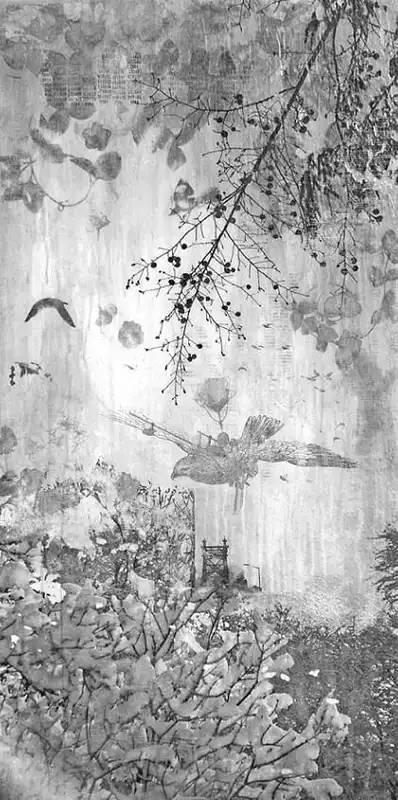 Фотообои и фрески на стену - черно-белые, ветки, птицы