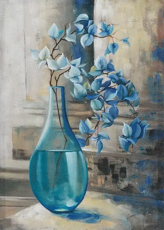 Фотообои и фрески на стену - ваза с цветами, картины, голубые, синие, небольшого размера, на бежевом фоне