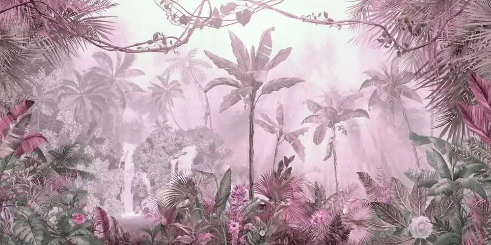 Фотообои и фрески на стену - в детскую комнату, пальмы, джунгли, тропические, розовые