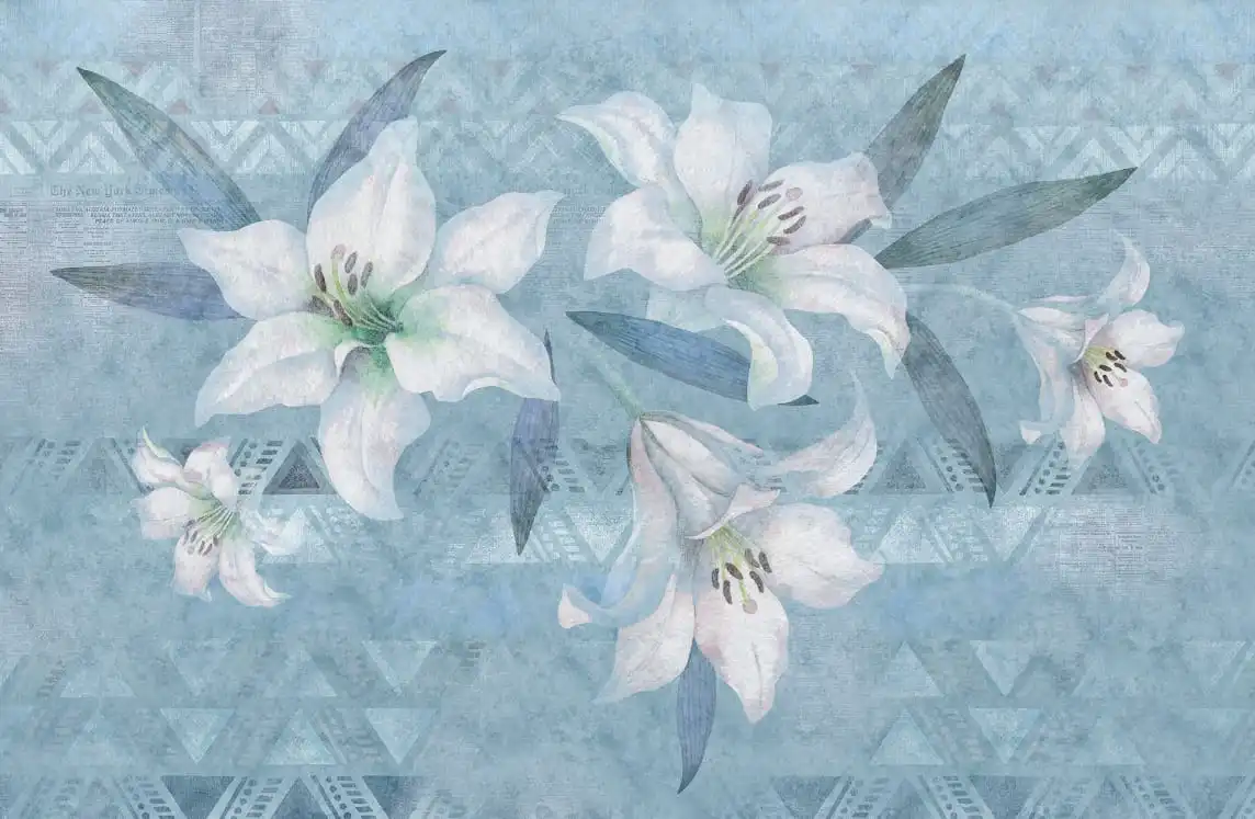 Фотообои и фрески на стену - цветы, лилии, белые, на голубом фоне, крупные
