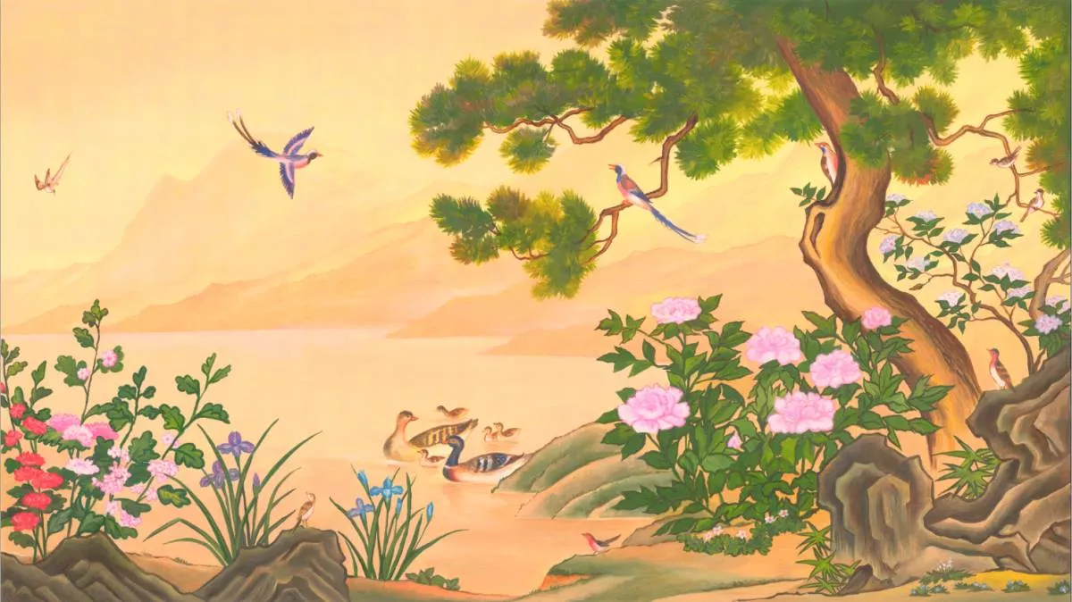 Фотообои и фрески на стену - пейзаж, оранжевые, природа, дерево, пруд