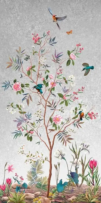 Фотообои и фрески на стену - сад, шинуазри, дерево, птицы, на сером фоне