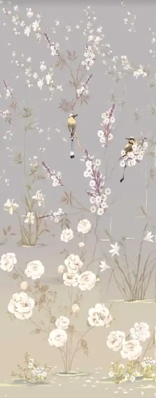 Фотообои и фрески на стену - шинуазри, сад, с птицами, на сером фоне, вертикальный