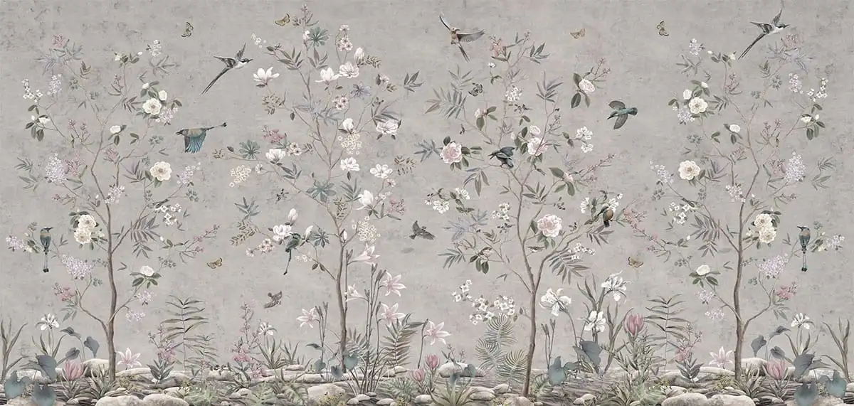 Фотообои и фрески на стену - шинуазри, сад, на сером фоне, с птицами, с цветами, деревья, горизонтальные, широкие, во всю стену
