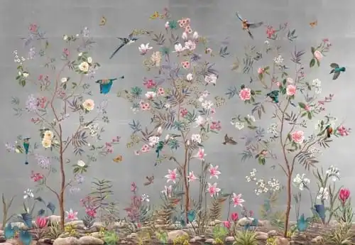 Фотообои и фрески на стену - шинуазри, сад, на сером фоне, горизонтальные, с птицами, с цветами