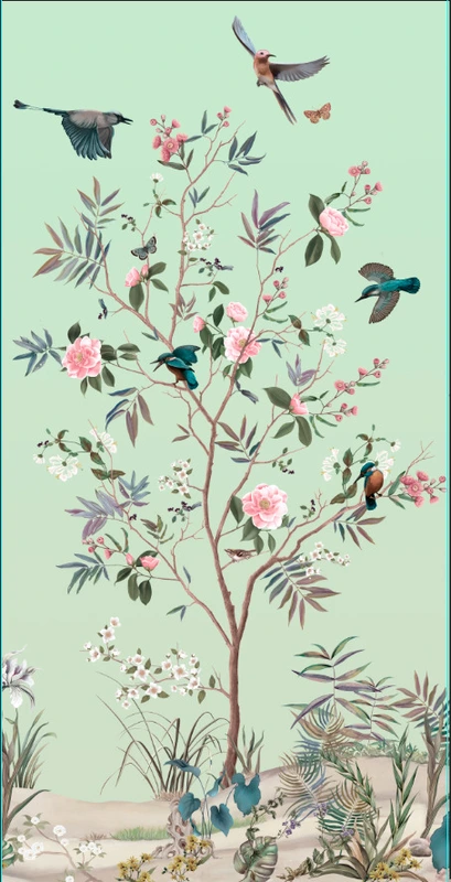 Фотообои и фрески на стену - шинуазри, дерево, с птицами, с цветами, вертикальные, на зеленом фоне