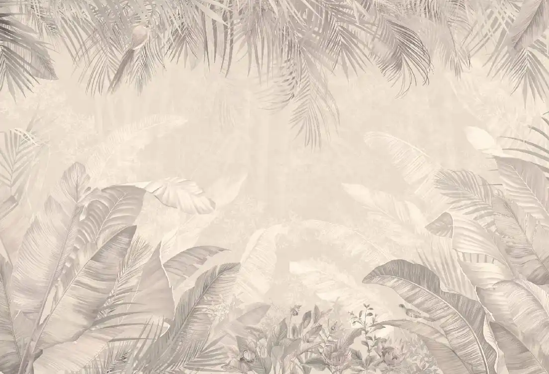Фотообои и фрески на стену - бежевые, листья, тропические, крупные, над диваном