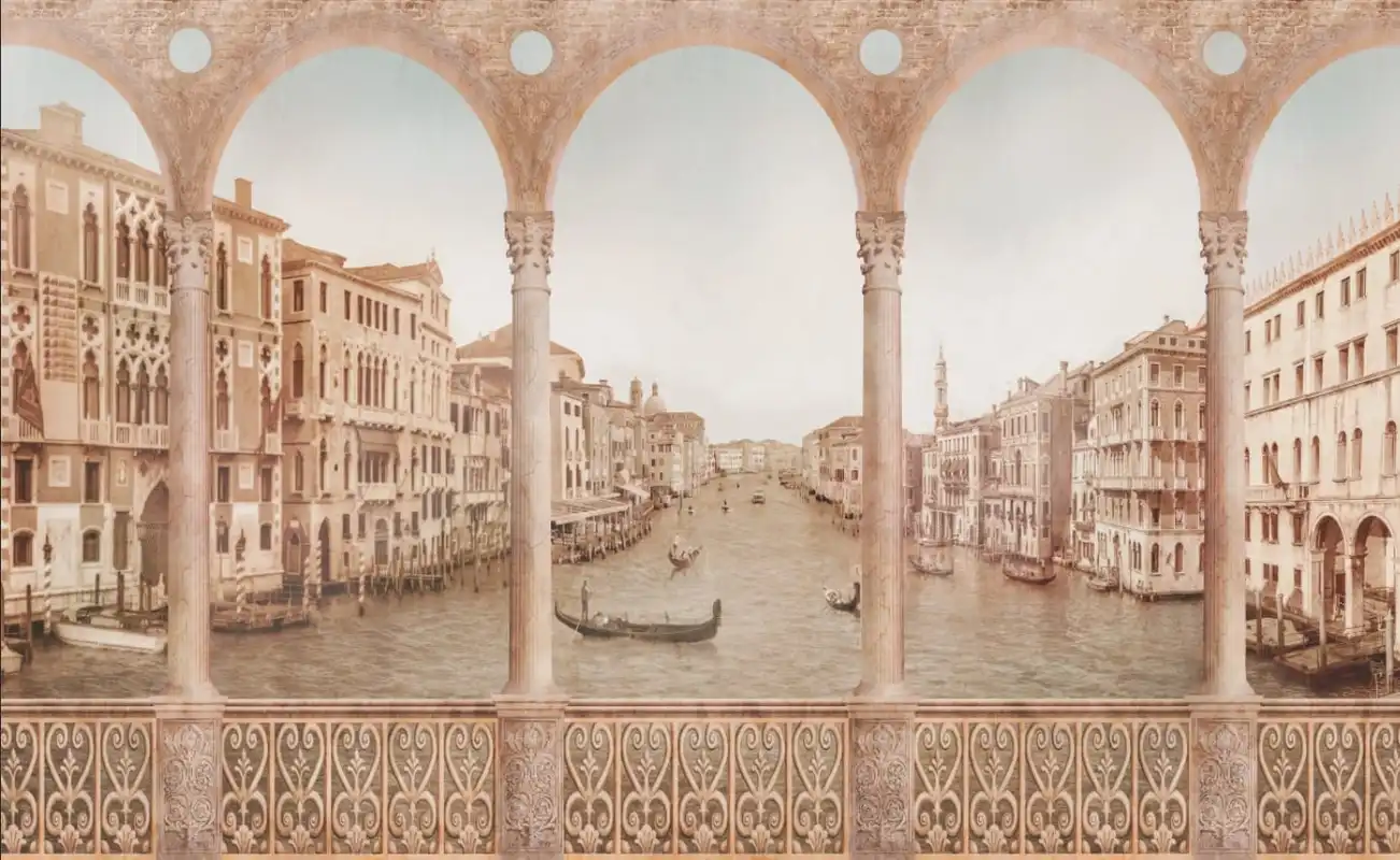 Фотообои и фрески на стену - в гостиную, старая венеция, арки, графический город, сепия, бежевого цвета, горизонтальные, широкие