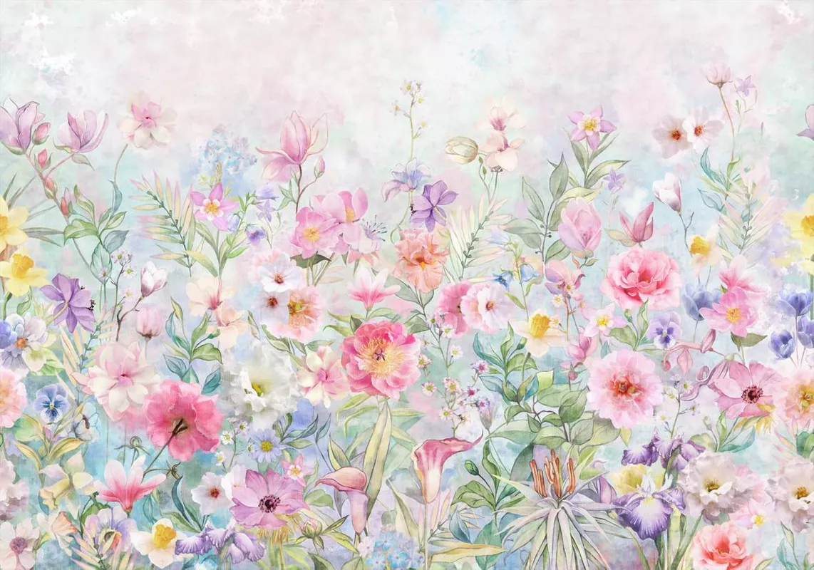 Фотообои и фрески на стену - цветочная поляна, луговые цветы, разноцветные, розовые, голубые
