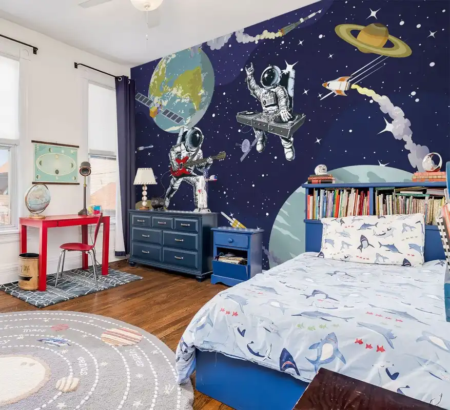 Фотообои и фрески на стену - в детскую комнату, космическая тема, космос, космонавты, на темном фоне