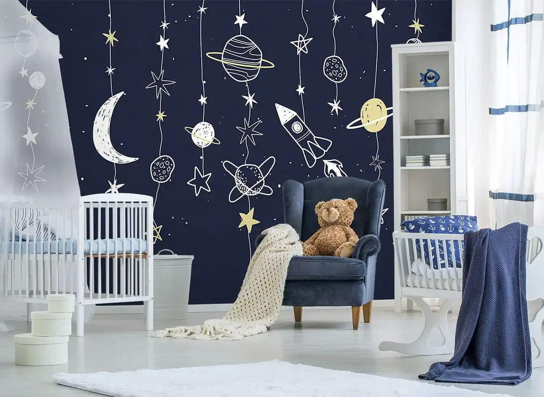 Фотообои и фрески на стену - в детскую комнату, кометы, космос, ракеты, на темном фоне
