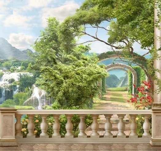 Фотообои и фрески на стену - пейзаж, природа, коридор из арок, деревья, горы, зелень