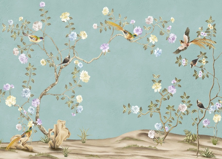 Фотообои и фрески на стену - шинуазри, сады, сад с птицами, деревья с цветами, с тропичечкими цветами и птицами, с розами, бирюзовые, на голубом фоне