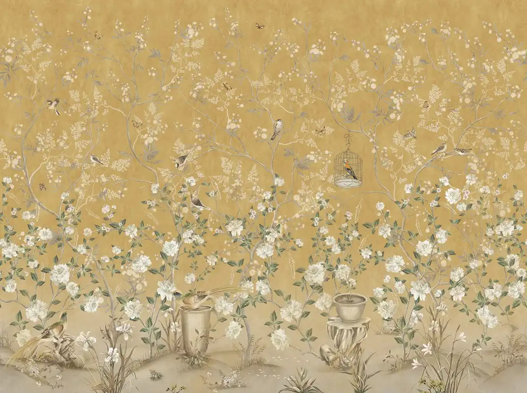 Фотообои и фрески на стену - шинуазри, сад, круговые, на  горчичном фоне, с белыми цветами, с  птицами, желтые