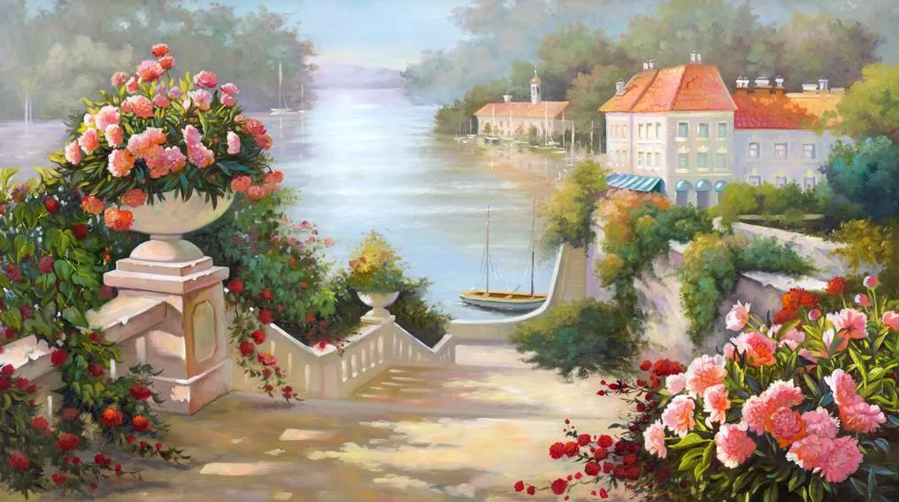 Фотообои и фрески на стену - пейзаж, природа, с цветами, дорога, лодки