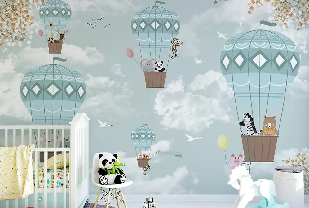 Фотообои и фрески на стену - в детскую комнату, голубые, воздушные шары, со зверями