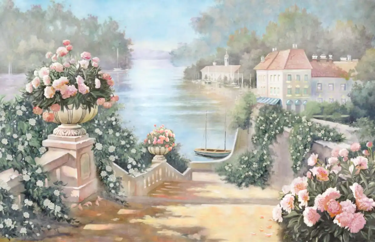 Фотообои и фрески на стену - в зал, пейзаж с цветами, с розовыми пионами, пейзаж, с рекой