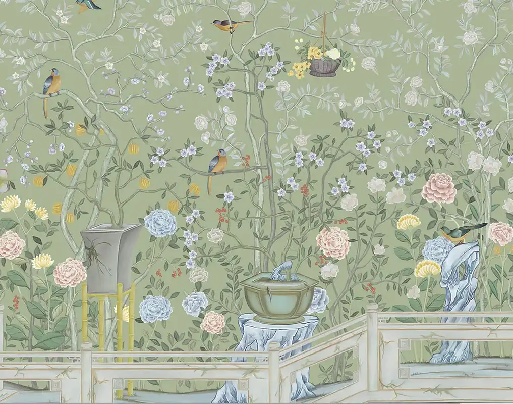 Фотообои и фрески на стену - шинуазри, сад, салатовые, с птицами, с розами