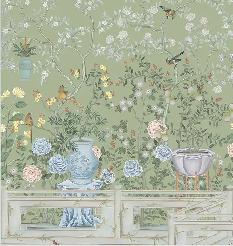Фотообои и фрески на стену - шинуазри, сад, зеленые, на салатовом фоне, с цветами, с птицами