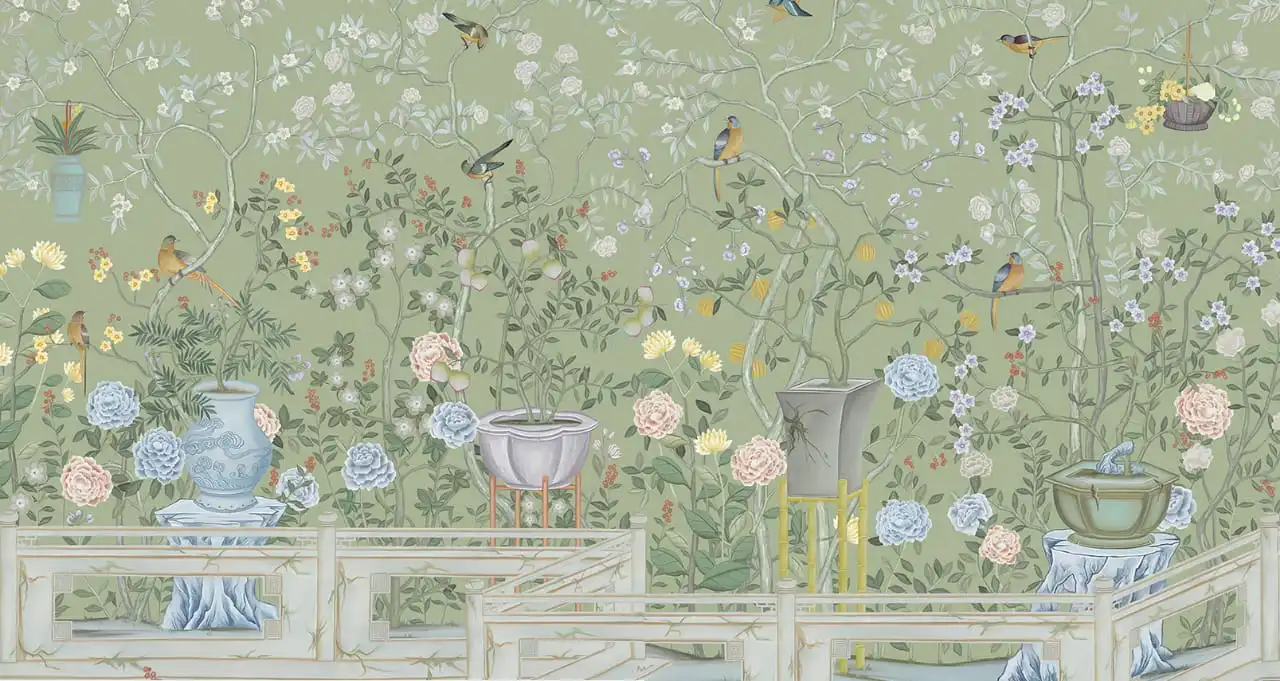Фотообои и фрески на стену - шинуазри, сад, зеленые, на салатовом фоне, с птицами, с цветами, с вазами