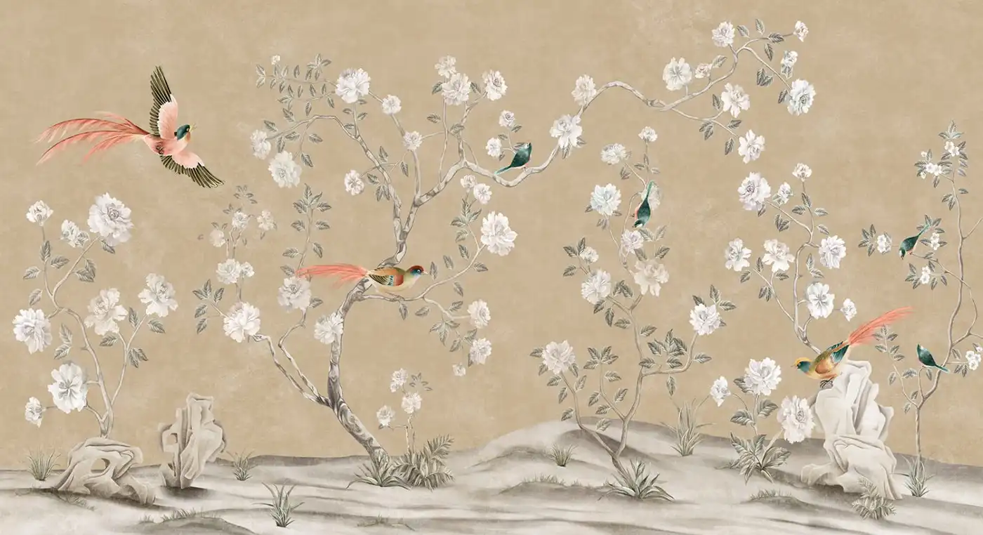 Фотообои и фрески на стену - шинуазри, сад, на бежевом фоне, с белыми розами, с птицами
