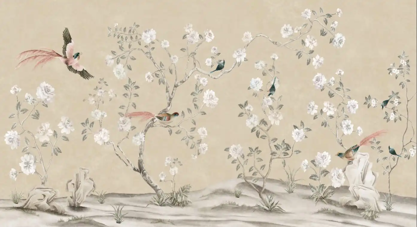 Фотообои и фрески на стену - шинуазри, сады, бежевые, с цветами, с тропическими птицами