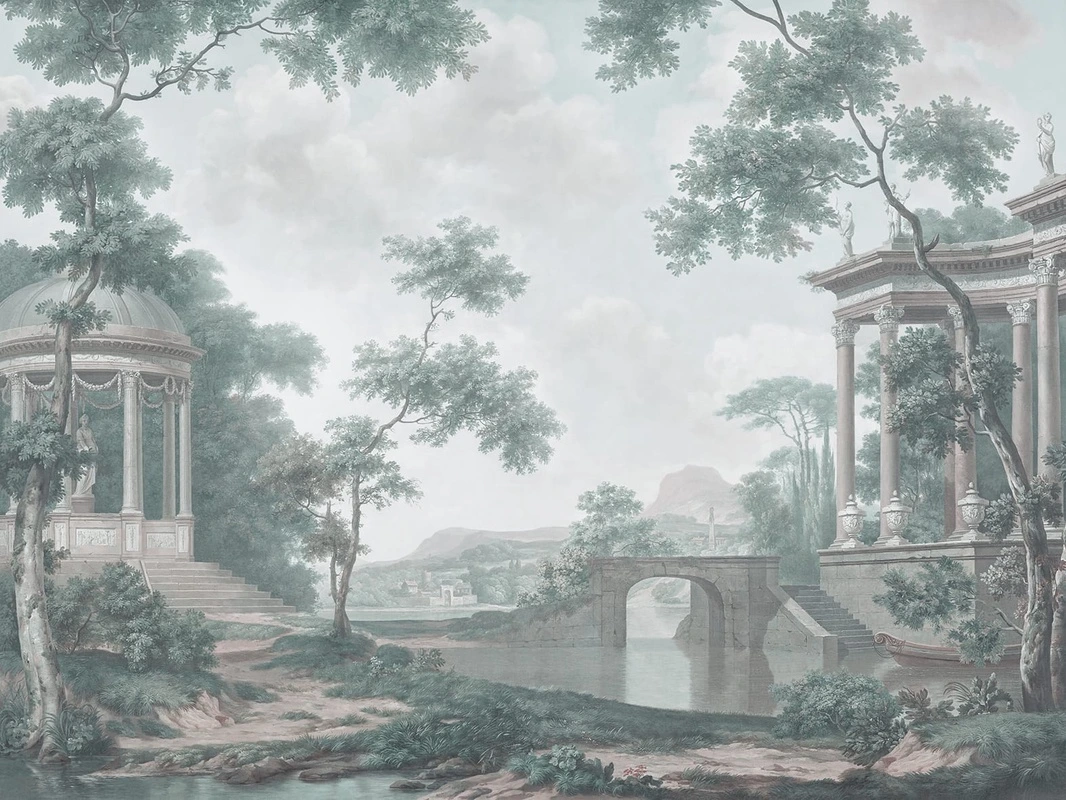 Фотообои на стену - пейзаж, новинки, лес, античный парк, деревья, река, бирюзовая, ротонда