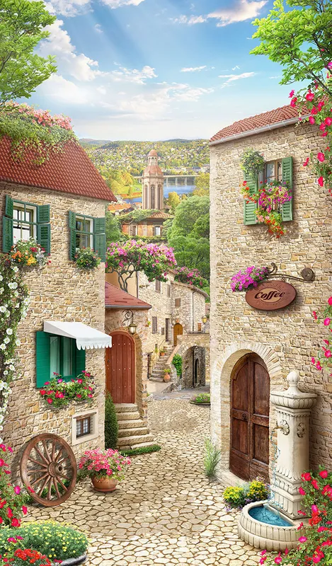 Фотообои и фрески на стену - небо, дома, цветы, горизонт, вода, лестница, синие, море, улица, окна, дверь, растения, коричневые, вазы, городской пейзаж, зеленые, желтые, красные, розовые, ставни