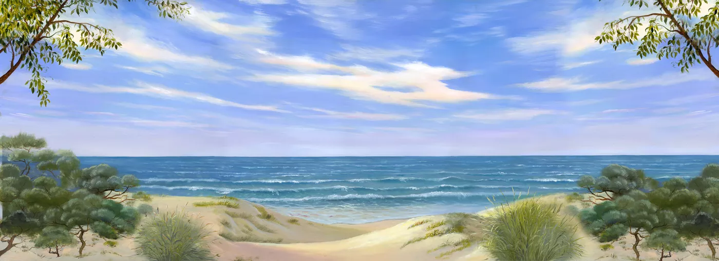 Фотообои и фрески на стену - морской пейзаж, голубые, синие, морские, песчаный пляж