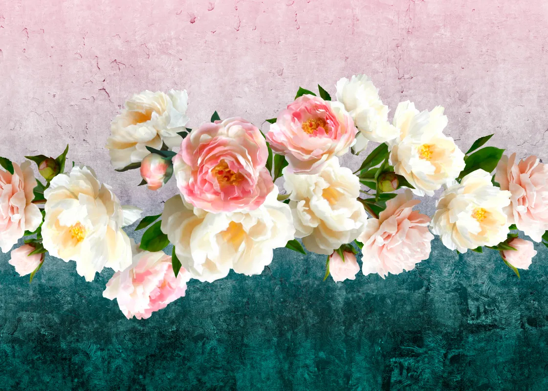 Фотообои и фрески на стену - листья, цветы, розы, розовые, белые, зеленые