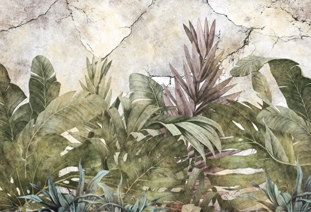 Фотообои и фрески на стену - тропики, джунгли, камень, листья, каменная стена, пальма, растения, природа, пальмовые листья, стена, трещины, тропические листья